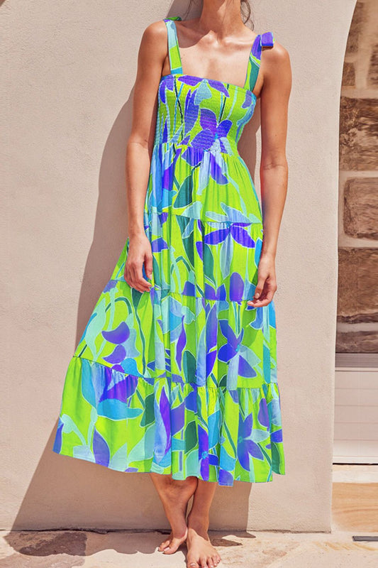 Floral Tie-Shoulder Smocked Midi Dress - Green - View 1
