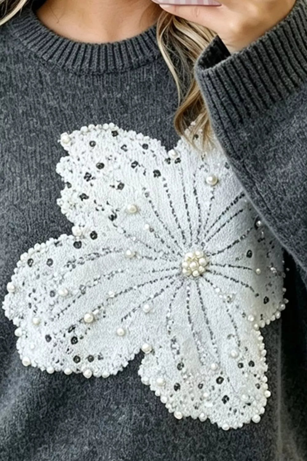 Pearl Embellished Floral Dropped Shoulder Sweater - Dark Gray - View 3
