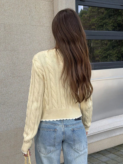 Cable Knit Button-Down Cropped Cardigan - Pastel Yellow - View 5