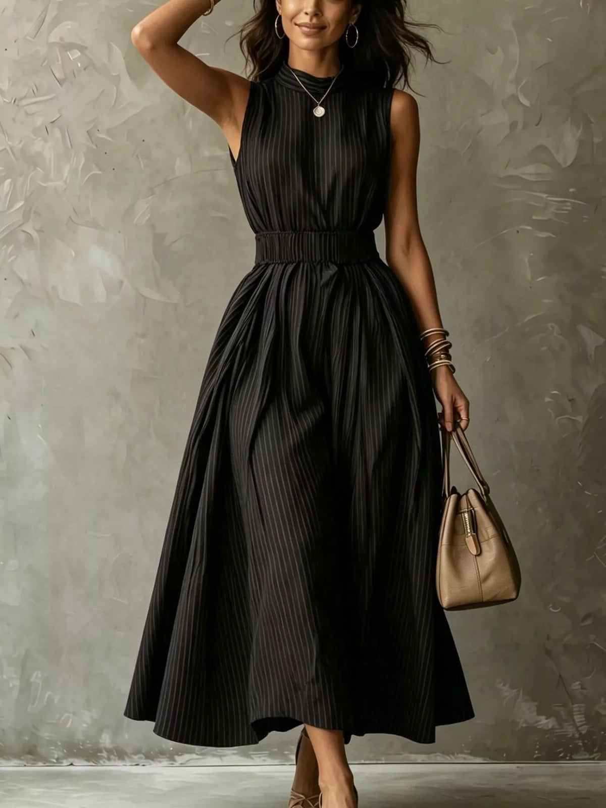 Striped Mock Neck Sleeveless Maxi Dress - Black - View 1