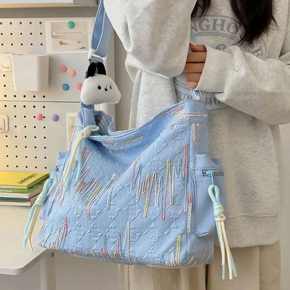 Contrast Texture Shoulder Bag - Light Blue - View 15