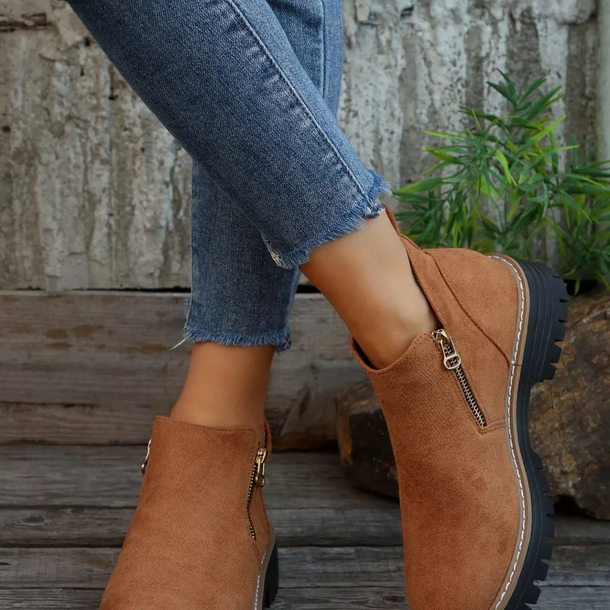 Ankle Boots with Zipper Detail - Brown - View 8