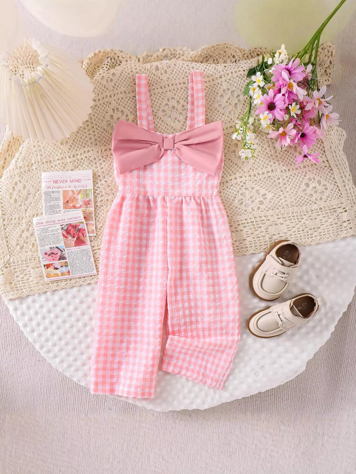 Children's Bow Plaid Wide Strap Jumpsuit - Pink - View 2