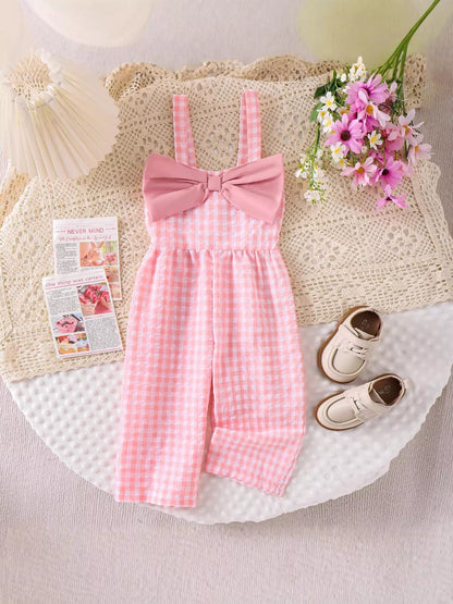 Children's Bow Plaid Wide Strap Jumpsuit - Pink - View 2