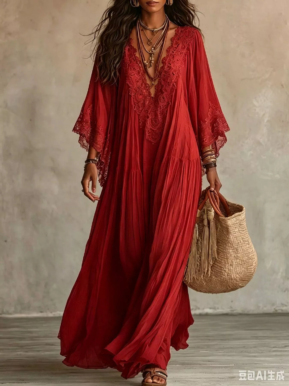 Lace Trim V-Neck Maxi Dress - Deep Red - View 1