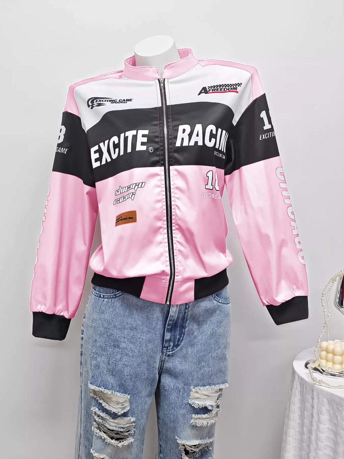 Letter Print Zip Up Jacket - Pink - View 6