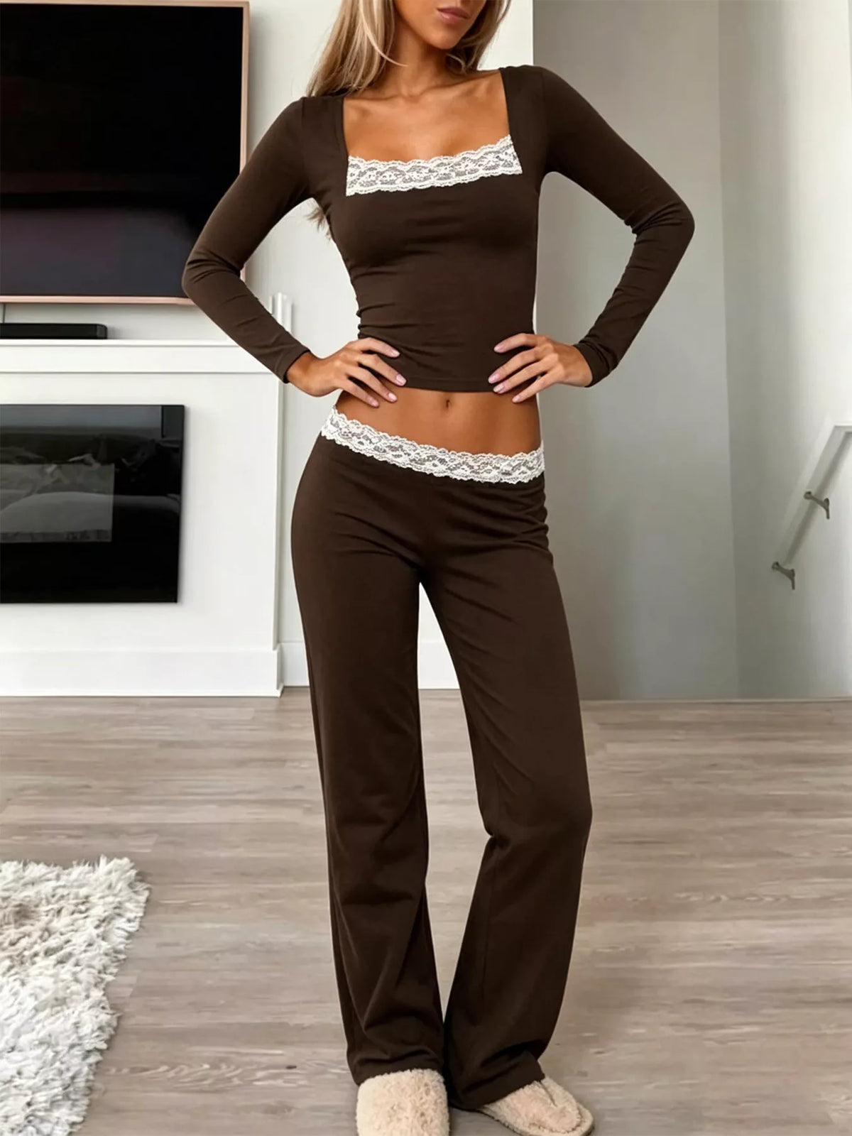 Long Sleeve Lace Trim Crop Top and Wide Leg Pants Set - Brown - View 1