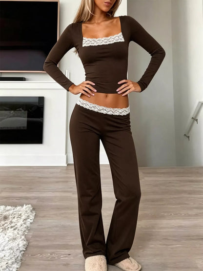 Long Sleeve Lace Trim Crop Top and Wide Leg Pants Set - Brown - View 1