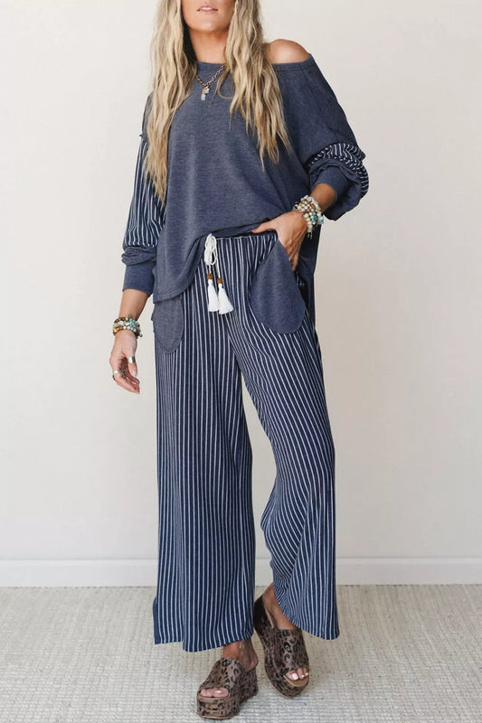 Raw Seam Patchwork Long Sleeve Top Pocket Casual Pants 2pcs Set - Dusty Blue - View 1