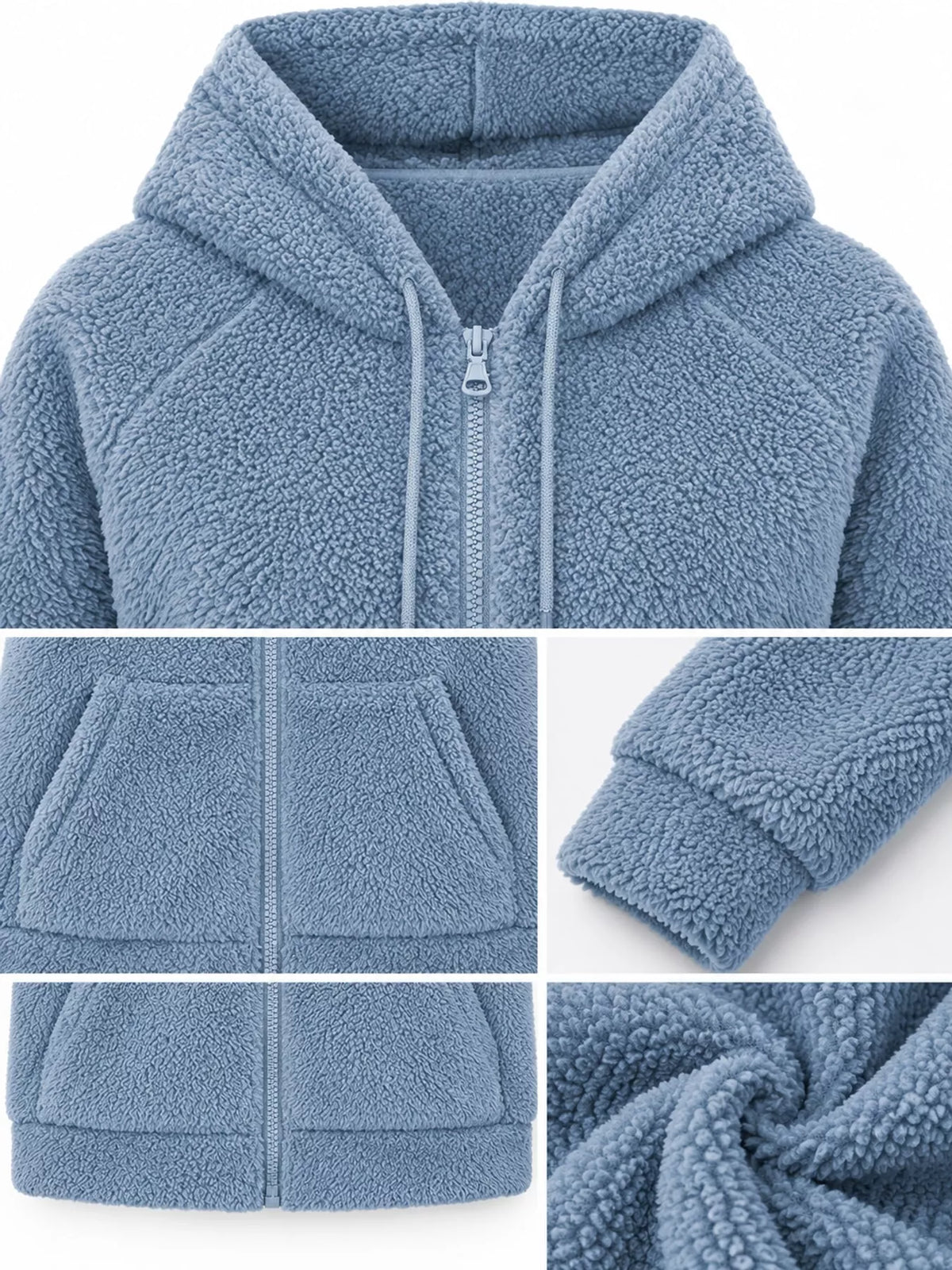 Drawstring Sherpa Zip-Up Hoodie - Ocean Blue - View 4