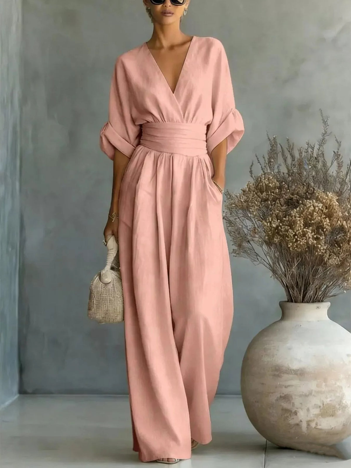 Full Size Half Sleeve Wide-Leg Jumpsuit Plus Size - Dusty Pink - View 1