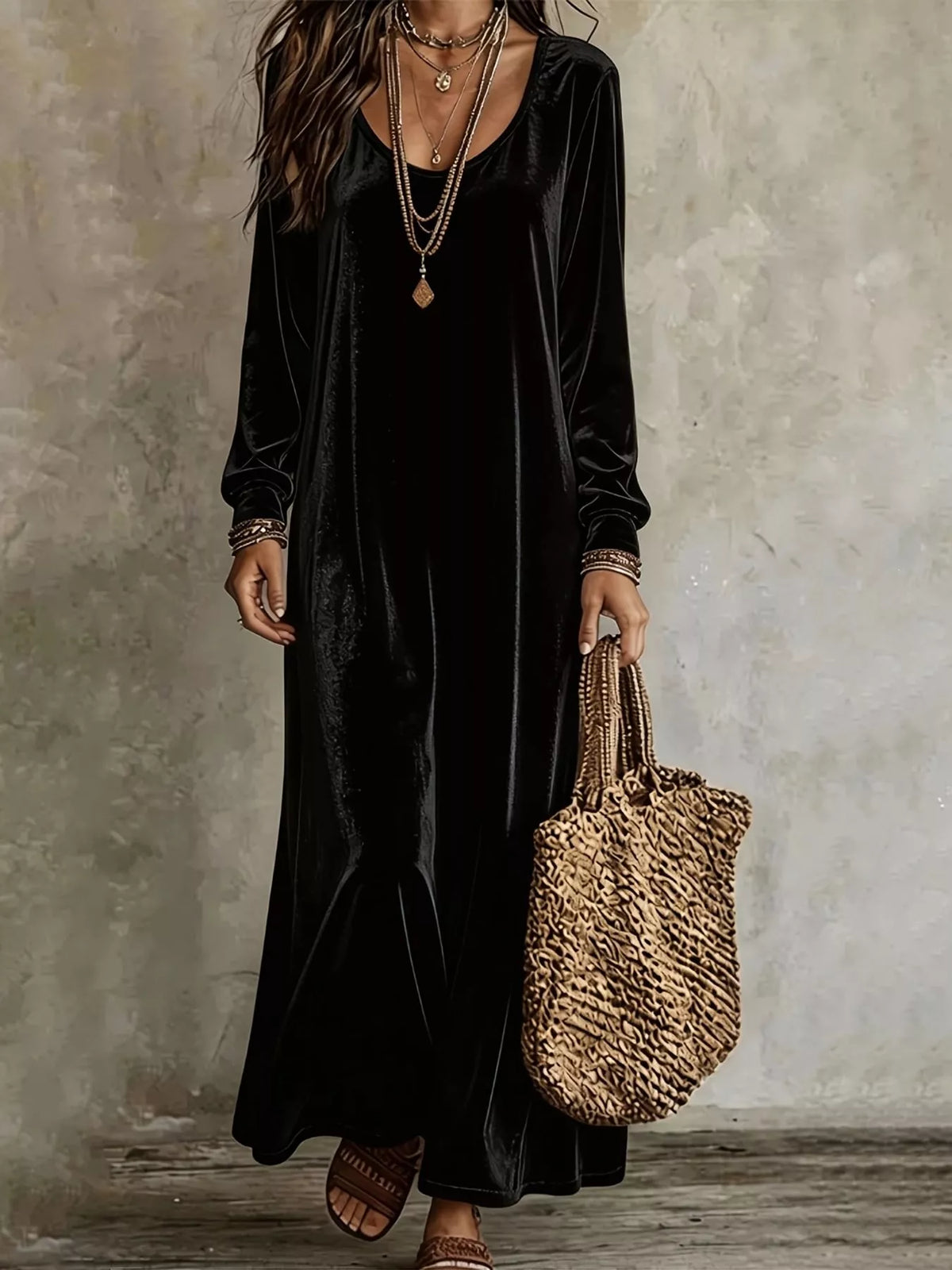 Velvet Long-Sleeve Maxi Dress - Black - View 6