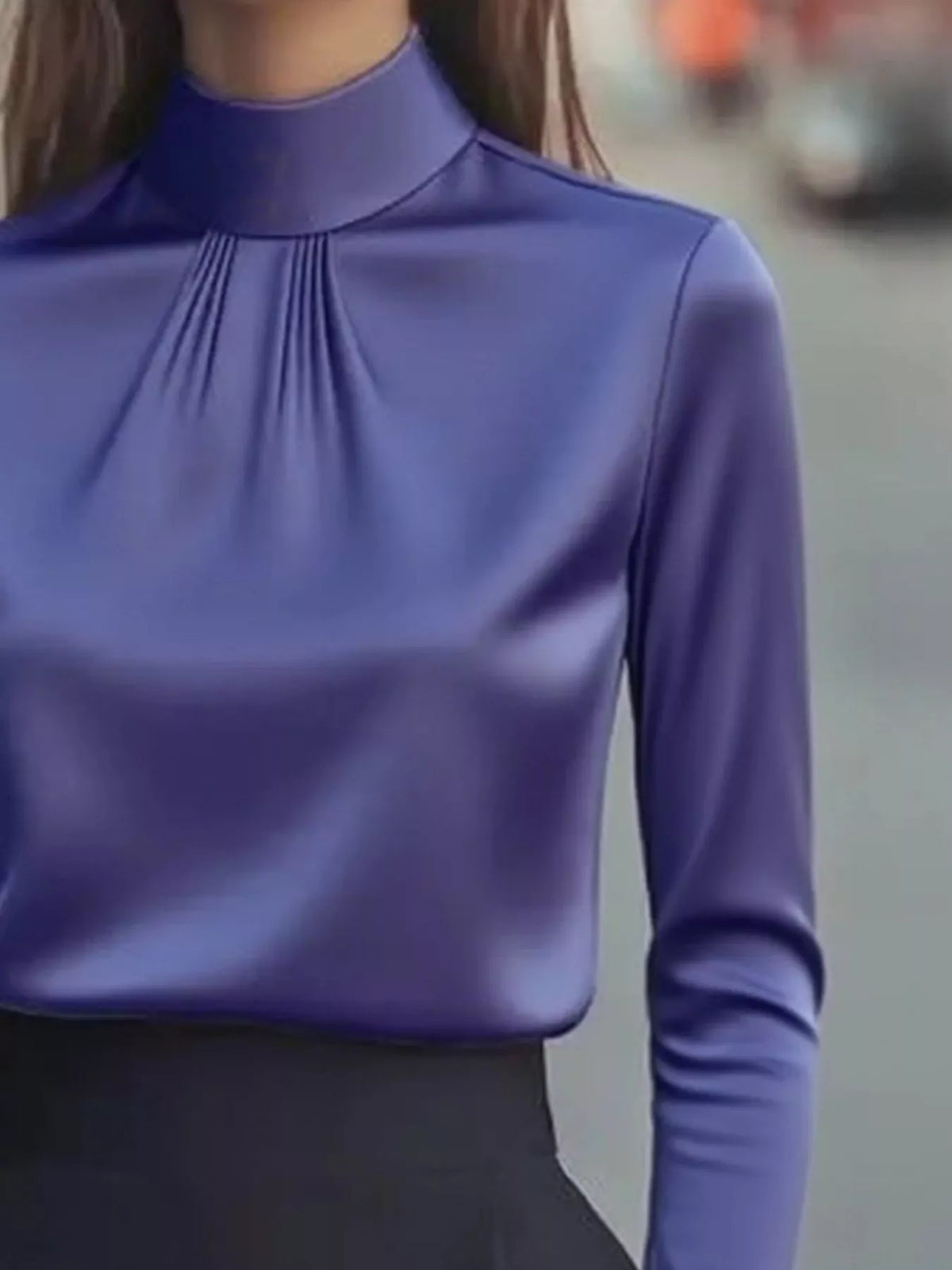 Mock Neck Long Sleeve Blouse with Pleated Detail - Purple - View 9
