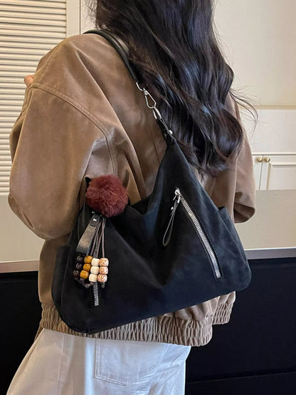 Decorative Pom-Pom and Bead Charm Shoulder Bag - Black - View 8