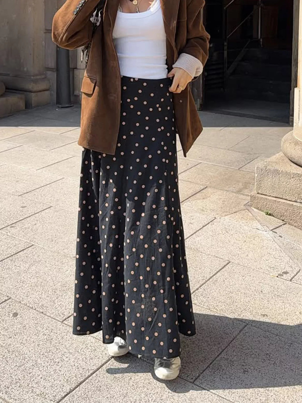 Polka Dot High-Waisted A-Line Skirt - Black - View 3