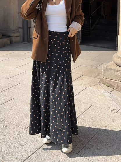 Polka Dot High-Waisted A-Line Skirt - Black - View 3