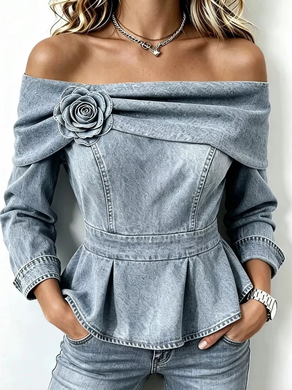 Full Size Off-Shoulder Floral Denim Look Top Plus Size - Light Gray - View 1