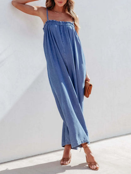 Spaghetti Strap Wide Leg Denim Jumpsuit - Medium - View 3