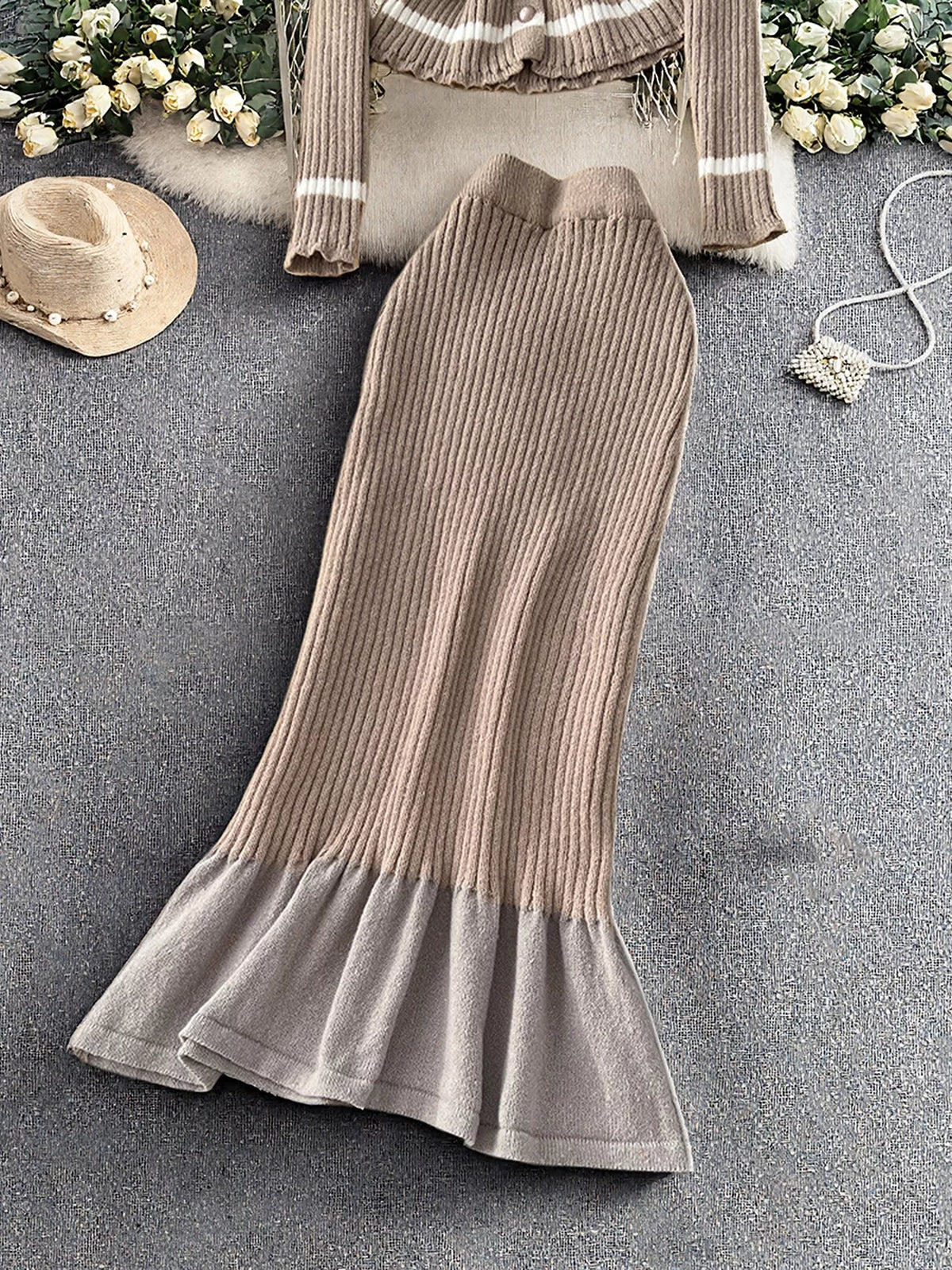 Ribbed Knit Cardigan and Skirt Sweater Set - Khaki - View 3
