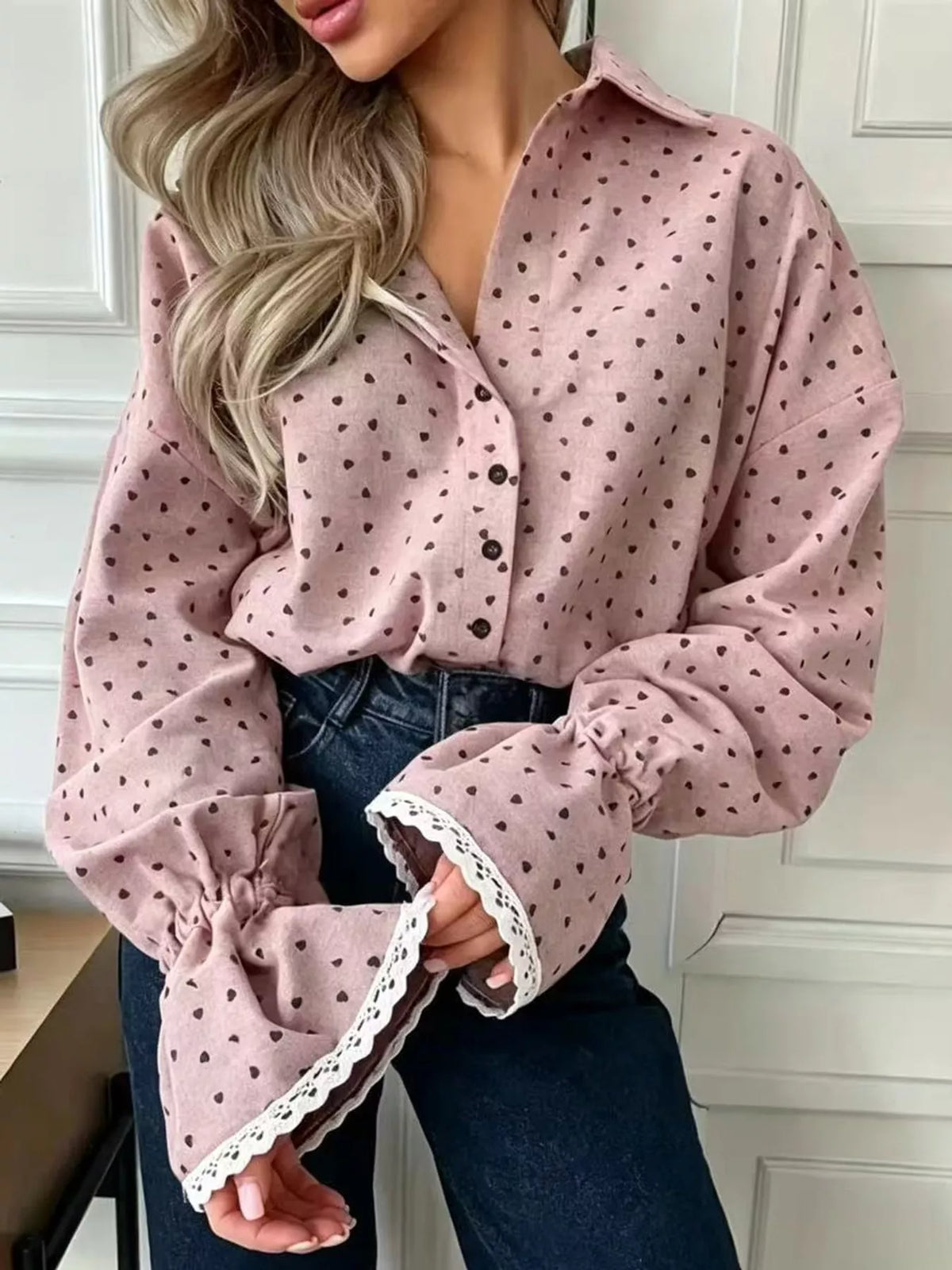 Heart-Print Flounce Sleeve Shirt
