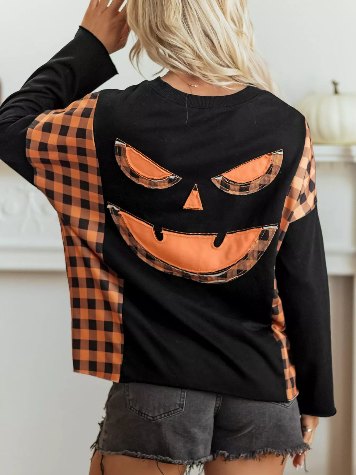 Patchwork Plaid Pumpkin Face Long Sleeve Top - Black - View 1