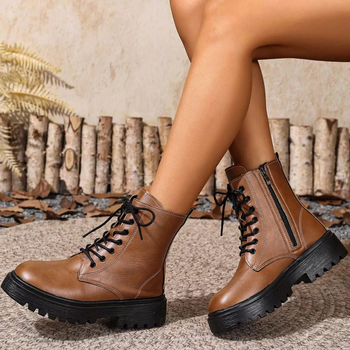 Round Toe Block Heels Boots - Brown - View 7