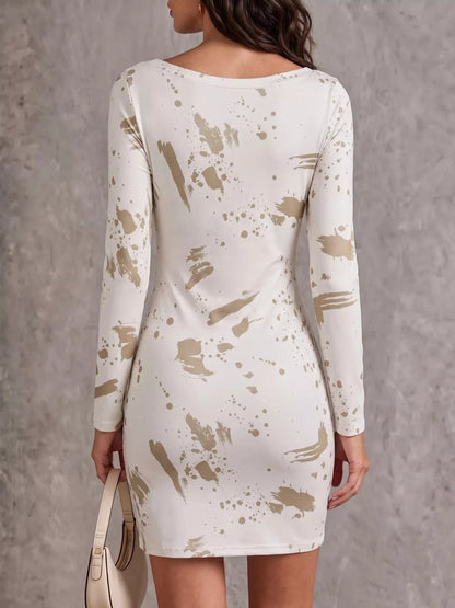 One-Shoulder Long Sleeve Paint Splatter Bodycon Mini Dress - Beige - View 5