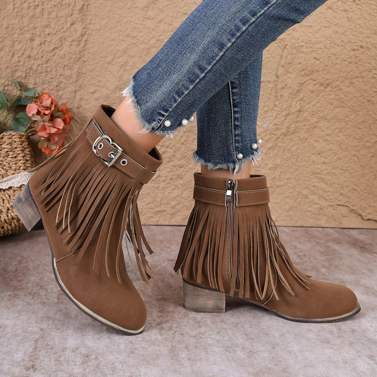 Fringe Ankle Boots with Buckle Detail - Dark Brown - View 1