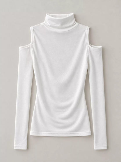 Mock Neck Cold-Shoulder Slim-Fit T-Shirt - White - View 5