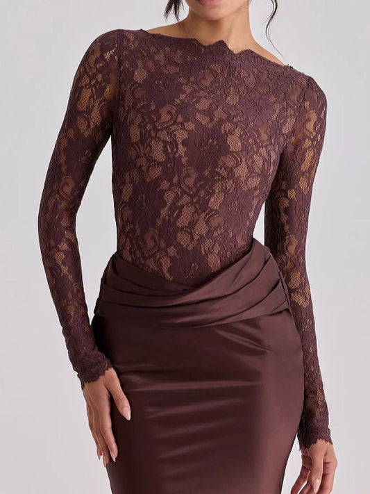 Long-Sleeve Lace and Satin Patchwork Maxi Dress - Dark Red - View 2