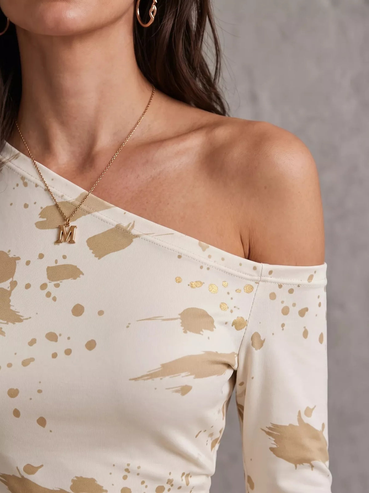 One-Shoulder Long Sleeve Paint Splatter Bodycon Mini Dress - Beige - View 6