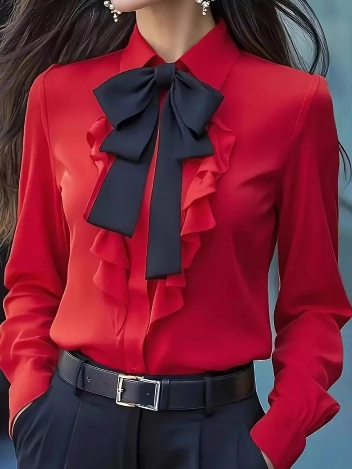 Ruffled Tie Front Long Sleeve Blouse - Red - View 10