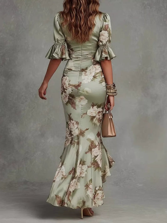 Floral Ruched High-Low Midi Dress - Sage - View 2