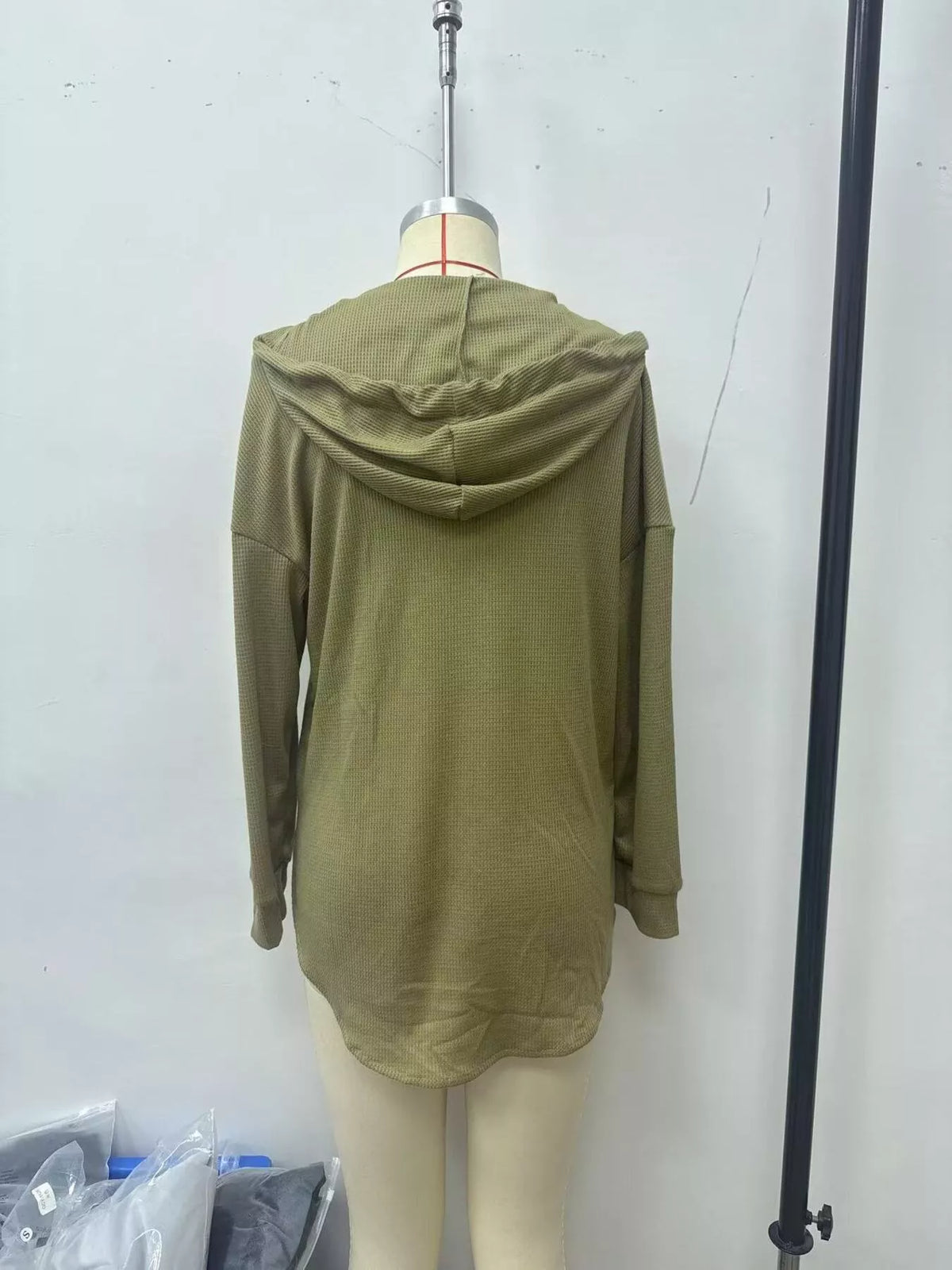 Drawstring Waffle Knit Hoodie - Moss - View 3