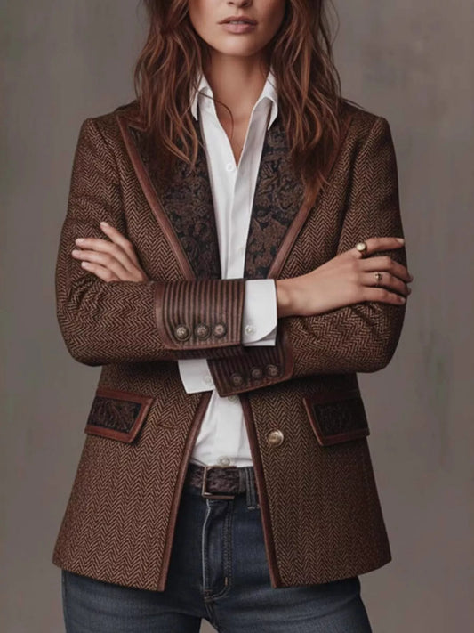 Full Size Lapel Collar Slim Fit Blazer Plus Size - Brown - View 2