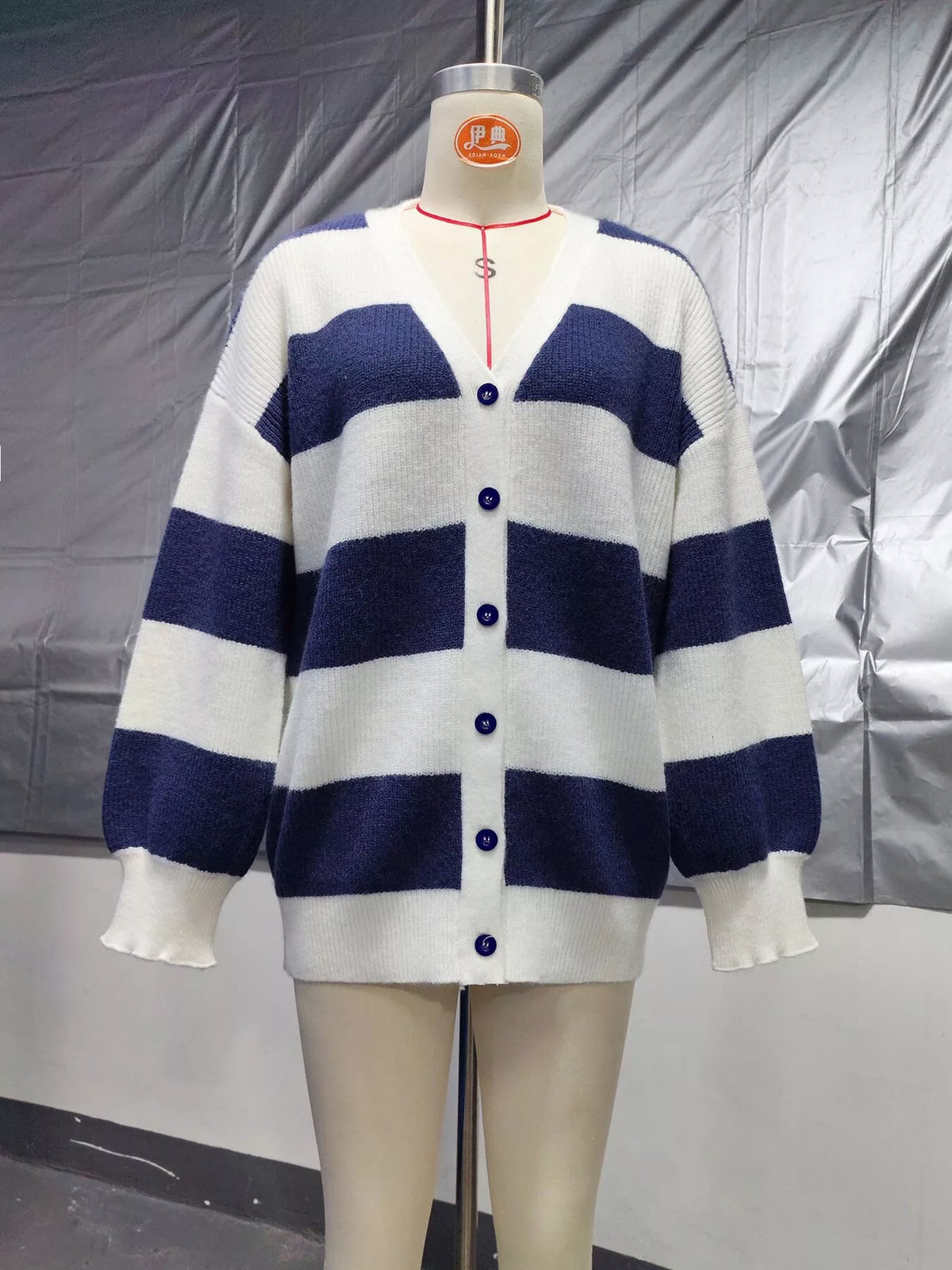 Striped V-Neck Button-Down Cardigan - Navy - View 11