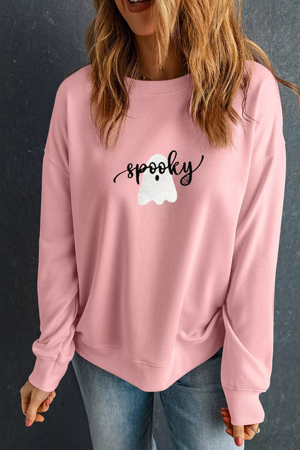 Halloween Ghost Graphic Round Neck Sweatshirt - Dusty Pink - View 1