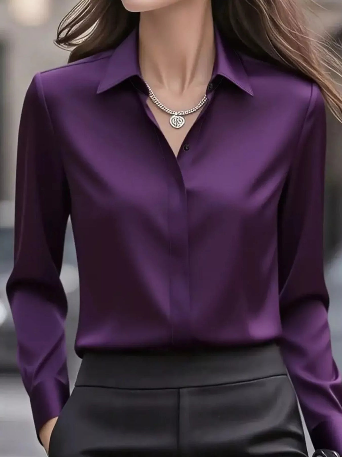 Button Down Collared Neck Long Sleeve Shirt - Purple - View 16