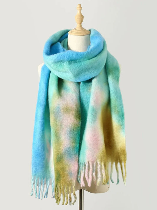Fringe Tie-Dye Polyester Scarf - Pastel  Blue - View 1