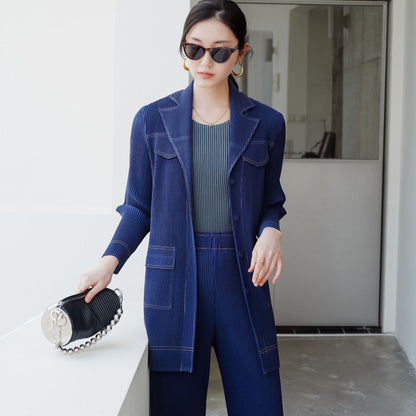 High-quality boutique-style spring new arrival, Issey Miyake pleated vintage high-end denim-inspired chic office suit set