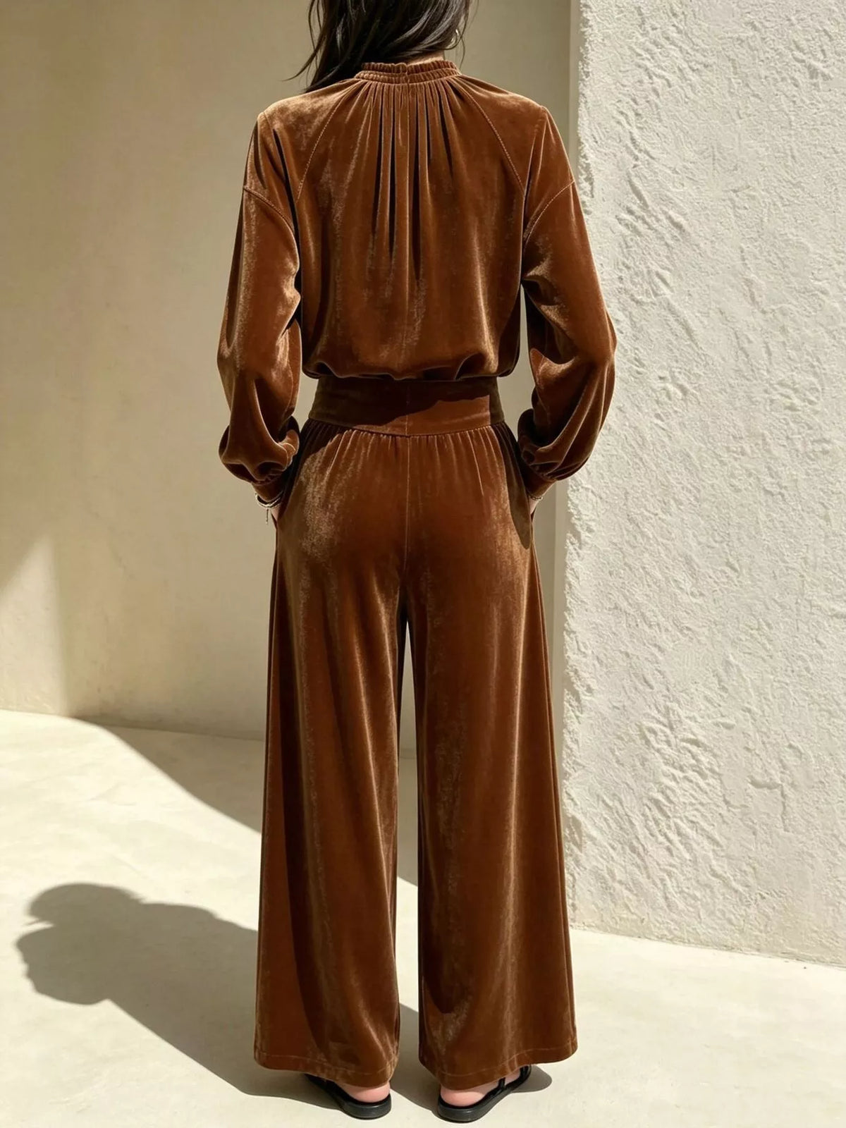 Velvet Mock Neck Long Sleeve Top and Wide-Leg Pants Set - Brown - View 2