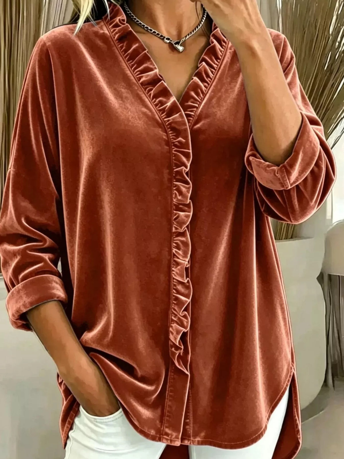 Velvet Frill V-Neck Blouse - Orange - View 1