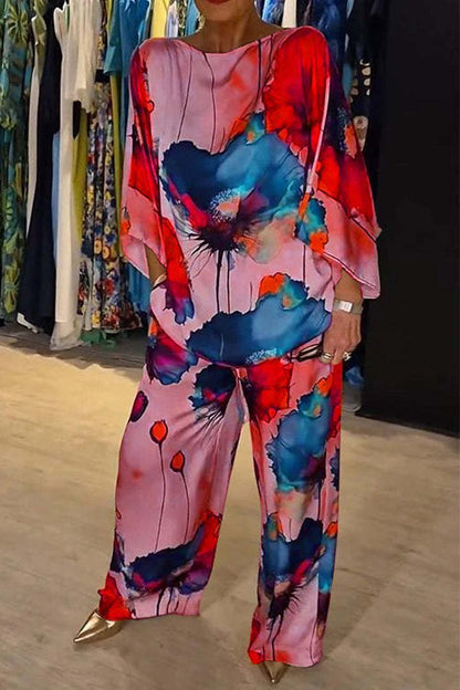 Elegant Satin Off-Shoulder Loose Printed Batwing Sleeve Drawstring Pants