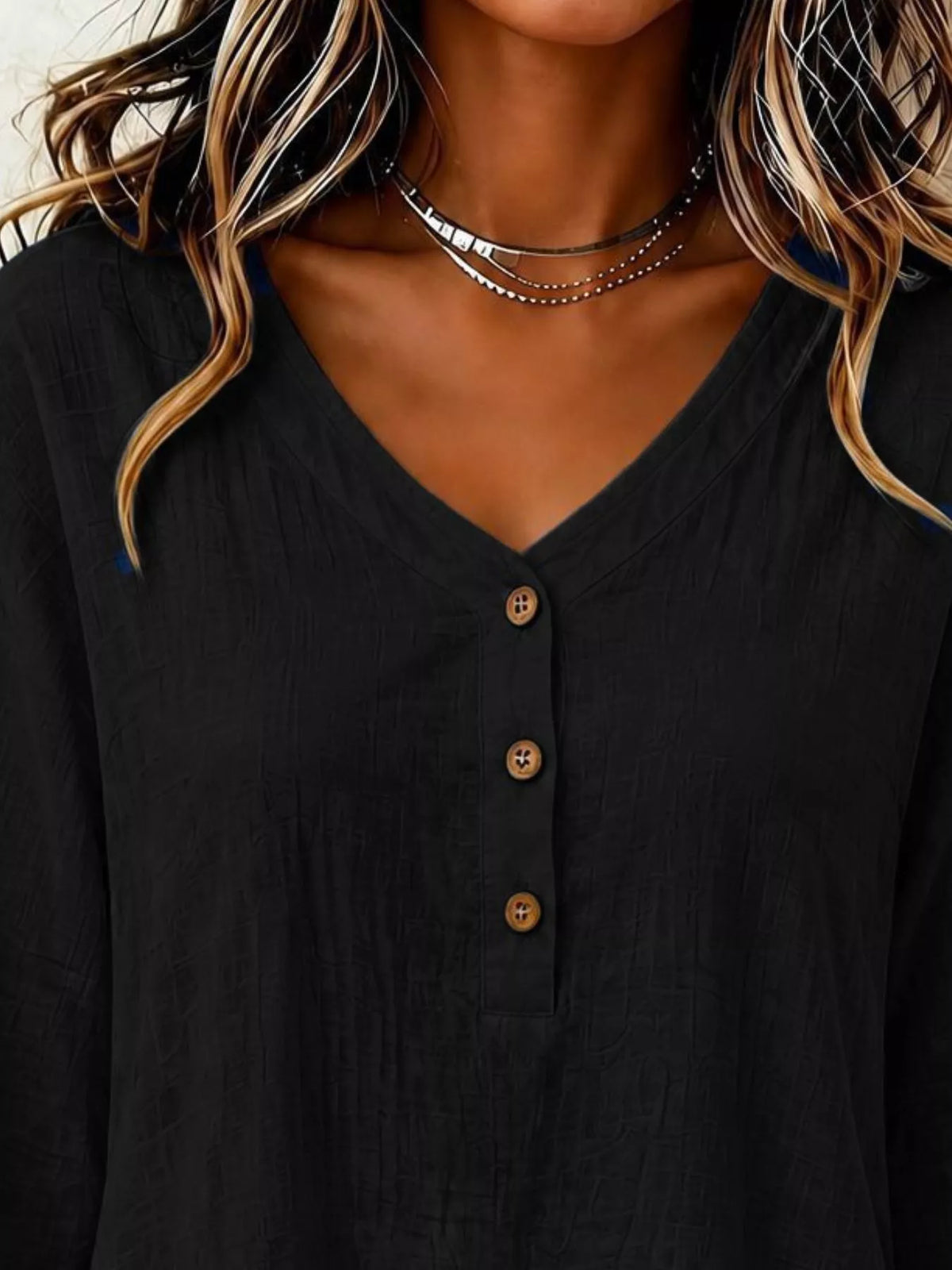 V-Neck Long Sleeve Button Detail Ruffled Hem Blouse - Black - View 2