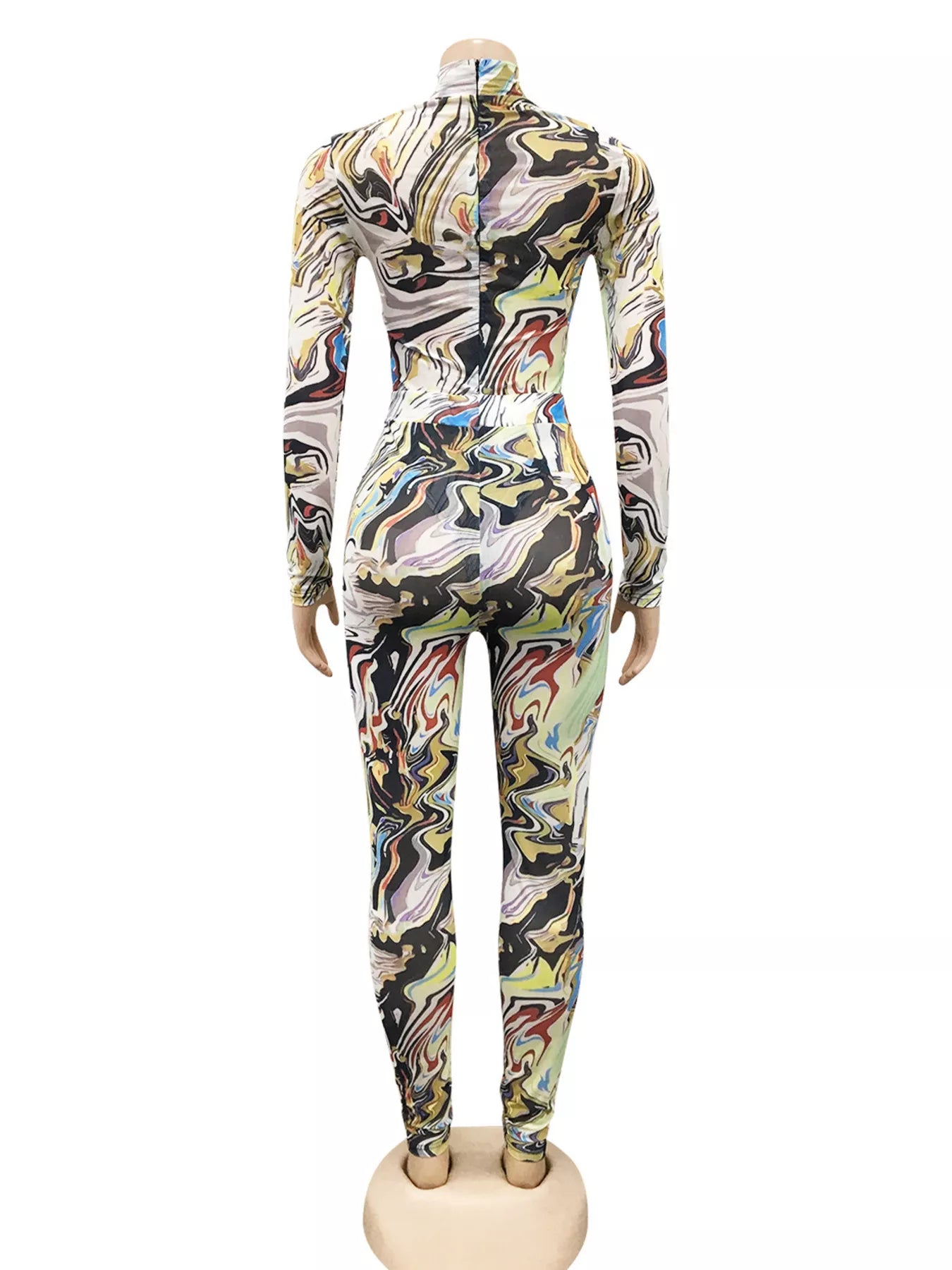 Abstract Swirl Print Top and Pants Set - Camel - Full Set Back View