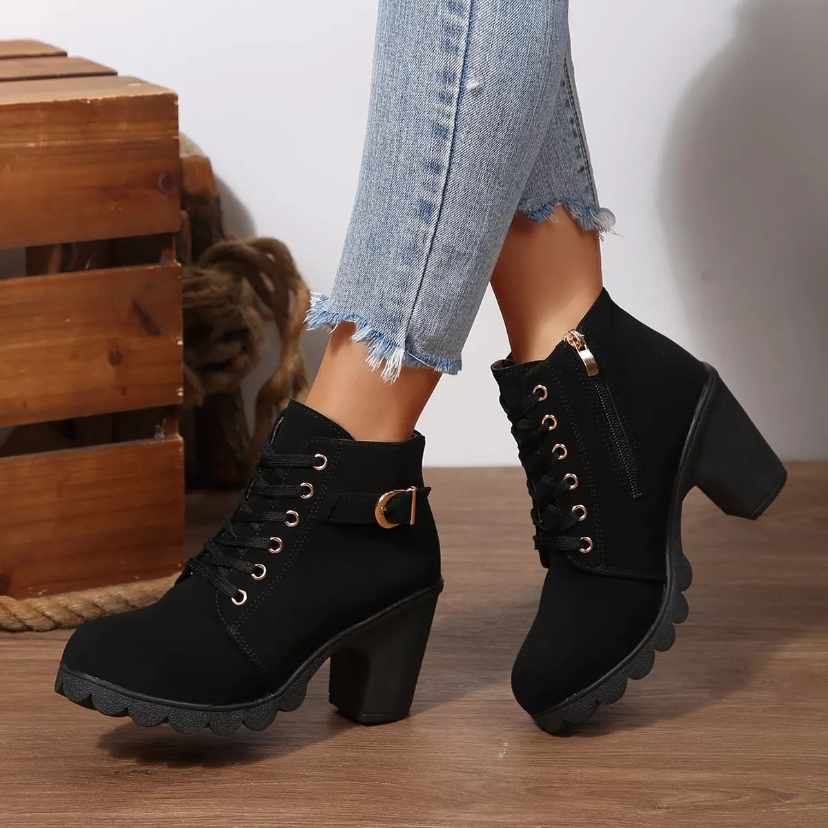 Lace Up Block Heels Boots - Black - View 4