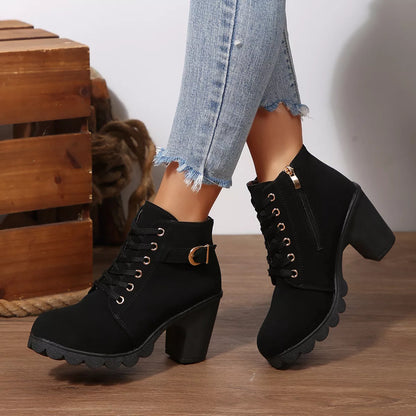 Lace Up Block Heels Boots - Black - View 4