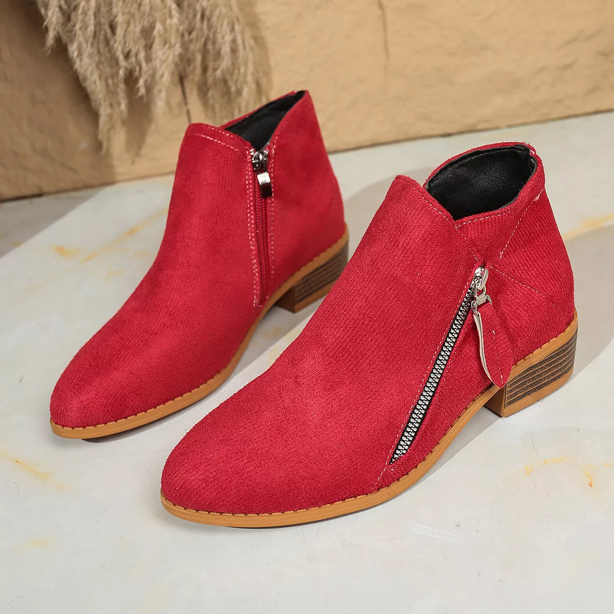 Point Toe Block Heels Boots - Red - View 6