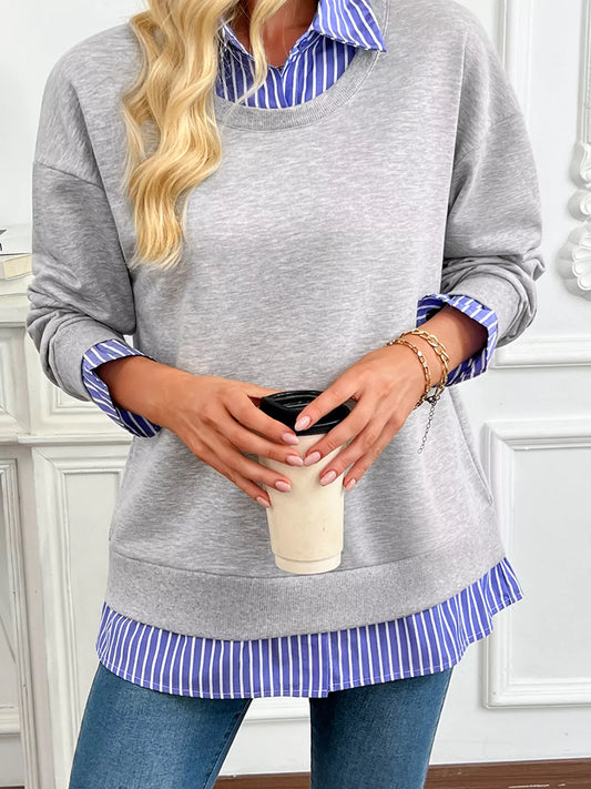 Striped Collar 2-in-1 Patchwork Casual Loose Sweatshirt - Light Gray - View 2