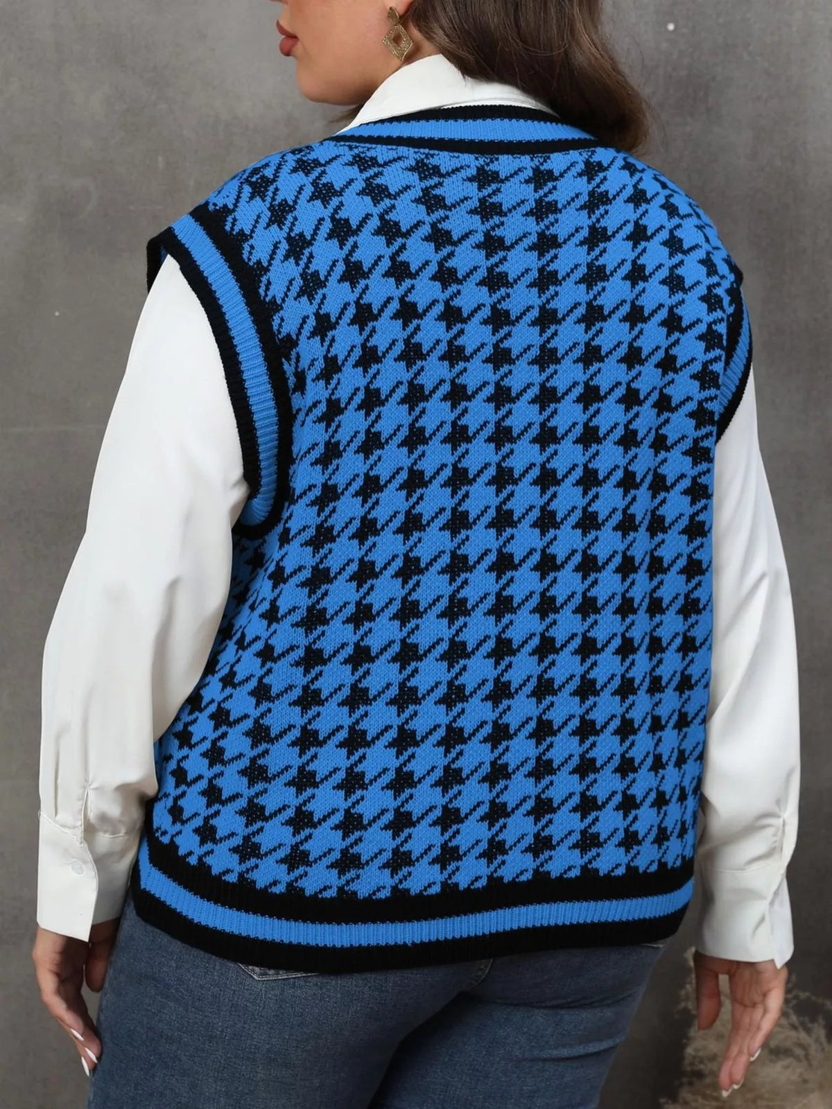 Plus Size Houndstooth V-Neck Knit Sweater Vest - Blue - View 4